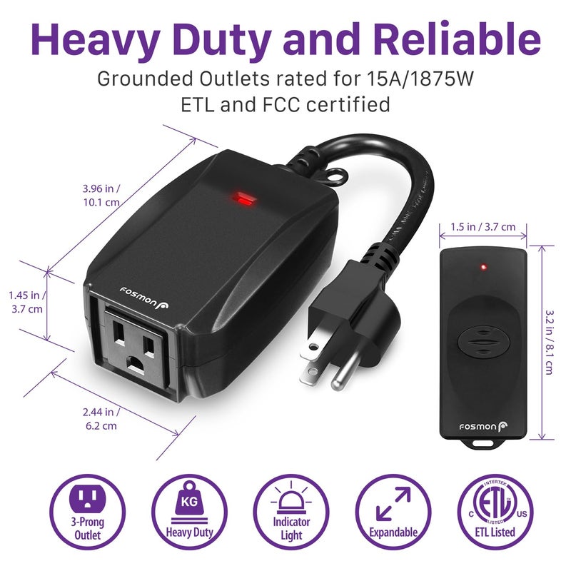 Fosmon Outdoor Indoor Remote Control Outlet with 2 Wireless Remotes, Electrical Plug in Light Switch Weatherproof, 15 A Heavy Duty 3-Prong Plugs Outlets for Outside Lighting, 100 FT Range- ETL Listed - Image 3