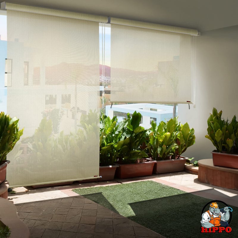 HIPPO 180 GSM HDPE Outdoor Balcony Roller Blind UV Dust Protection Corded Roll Up and Down Light Filtering Blinds for Garden Ivory 4FTX7FT - Image 1