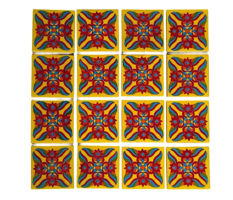 Shiv Kripa Blue Pottery Shiv Kripa Blue Pottery Home Decor Handmade Tabletop Interior Exterior Flooring Wall Kitchen Washroom Tile Floral Decorative Mosaic Wall Tiles 3 x 3 Inch Set of 16 Tiles Yellow Color 