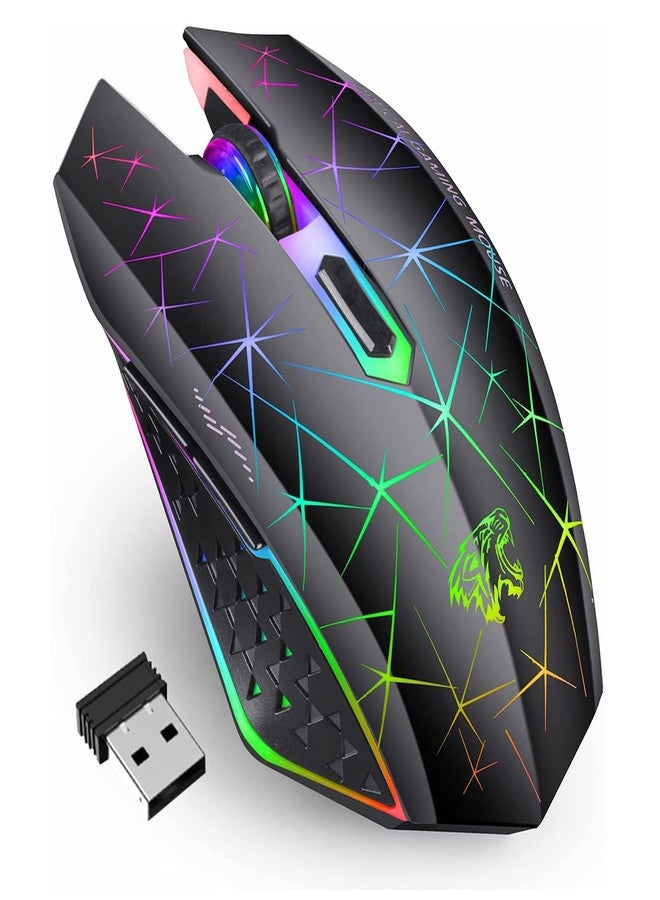 TENMOS V7 Wireless Gaming Mouse, Rechargeable LED Wireless Mouse Silent Optical Rainbow USB Computer Mice for Laptop PC (Black) - Image 1