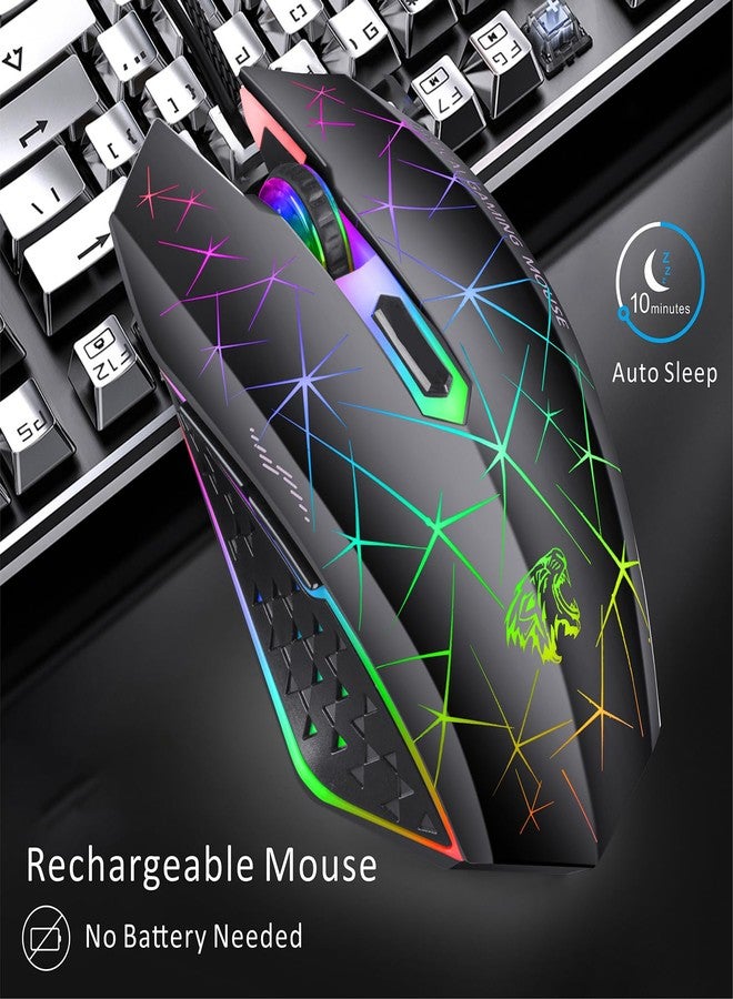 TENMOS V7 Wireless Gaming Mouse, Rechargeable LED Wireless Mouse Silent Optical Rainbow USB Computer Mice for Laptop PC (Black) - Image 3