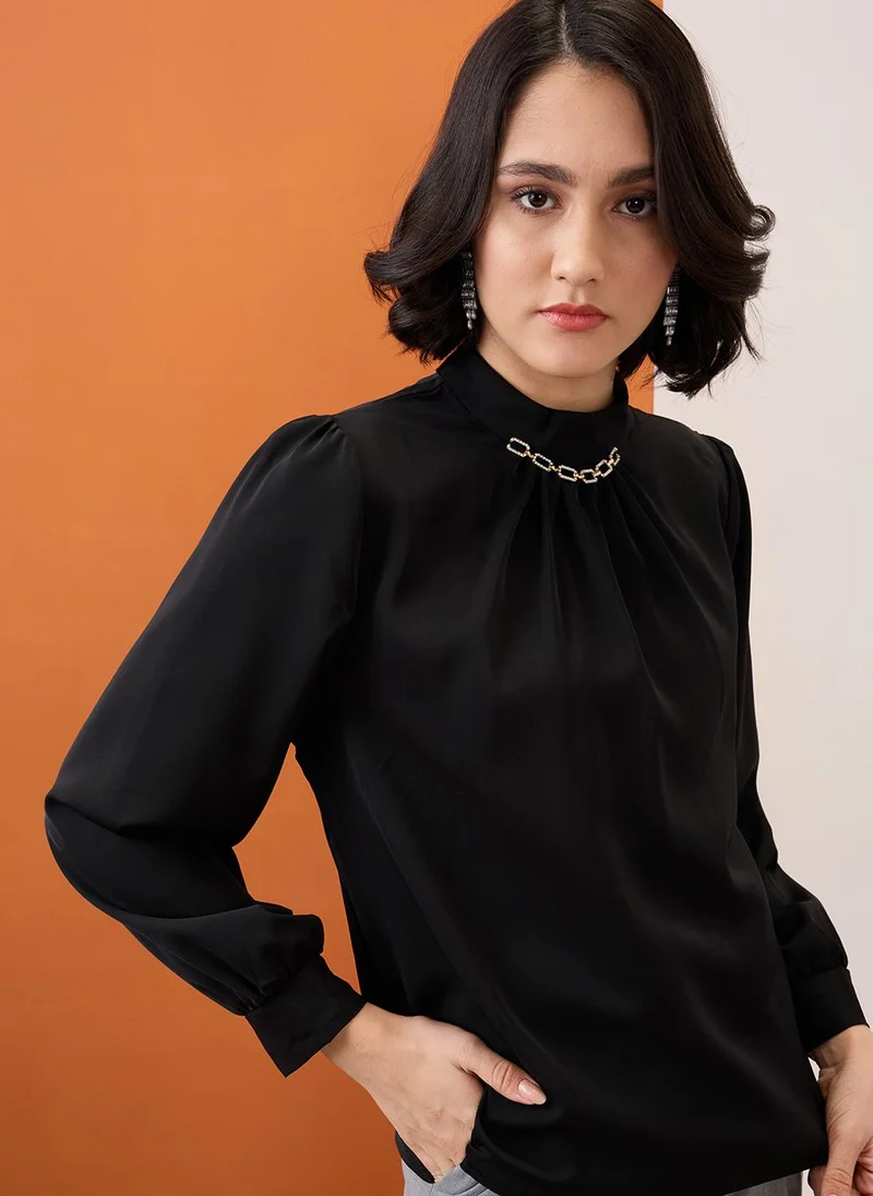 globus Globus Women Black Gold Chain Detail High Neck Cuffed Sleeves Pleated Workwear Top