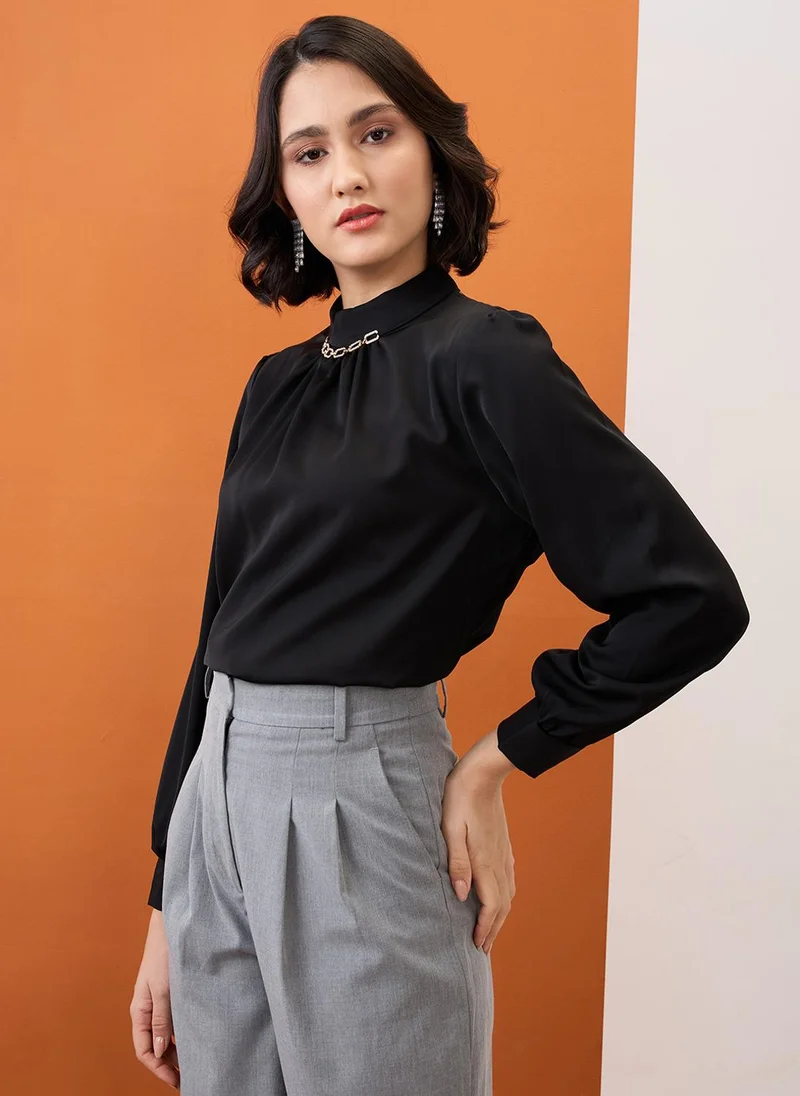 globus Globus Women Black Gold Chain Detail High Neck Cuffed Sleeves Pleated Workwear Top
