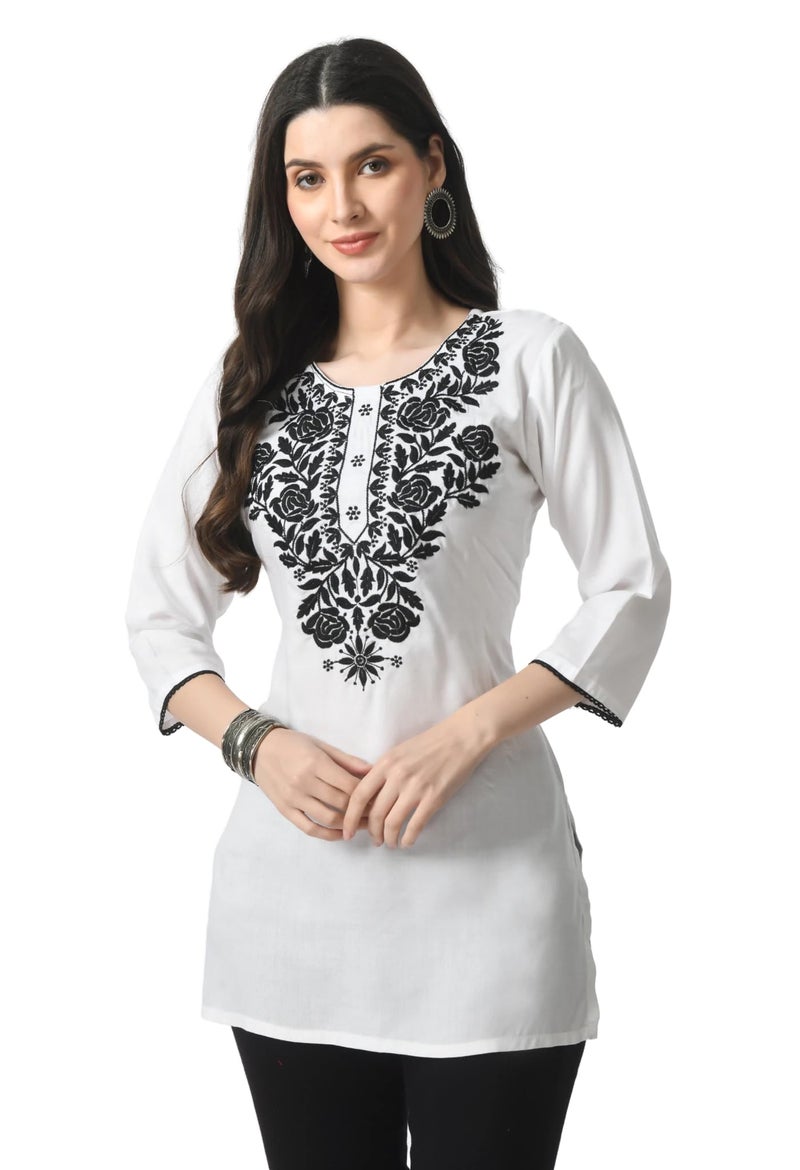 LIBOZA Store LIBOZA Rayon Kurti for Women - Short Chikankari Kurtis for Girls, Lakhnawi Tunic Top Kurta Design for Ladies, Woman Ethnic Kurthis & Shirt with Sleeve (XL, White) - Image 1
