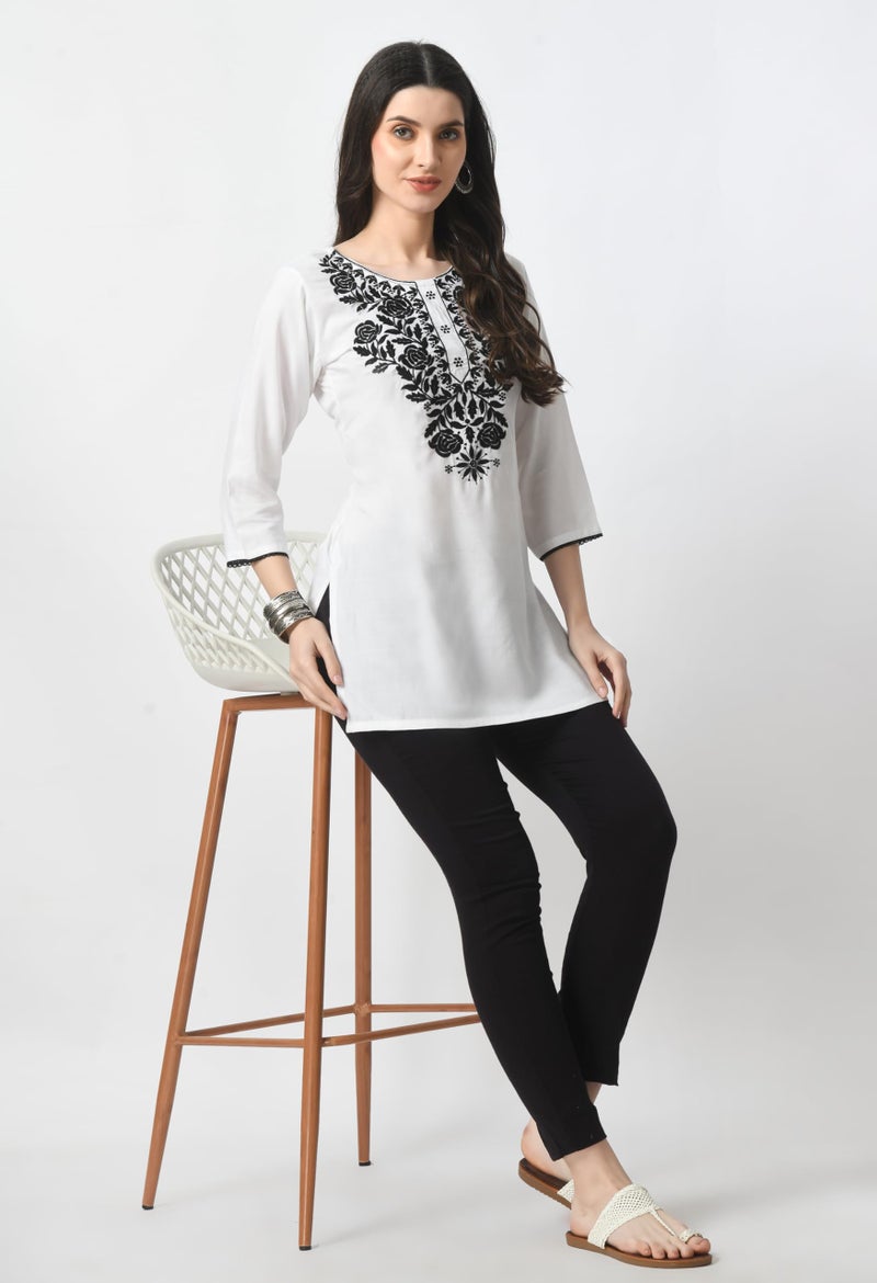 LIBOZA Store LIBOZA Rayon Kurti for Women - Short Chikankari Kurtis for Girls, Lakhnawi Tunic Top Kurta Design for Ladies, Woman Ethnic Kurthis & Shirt with Sleeve (XL, White) - Image 5