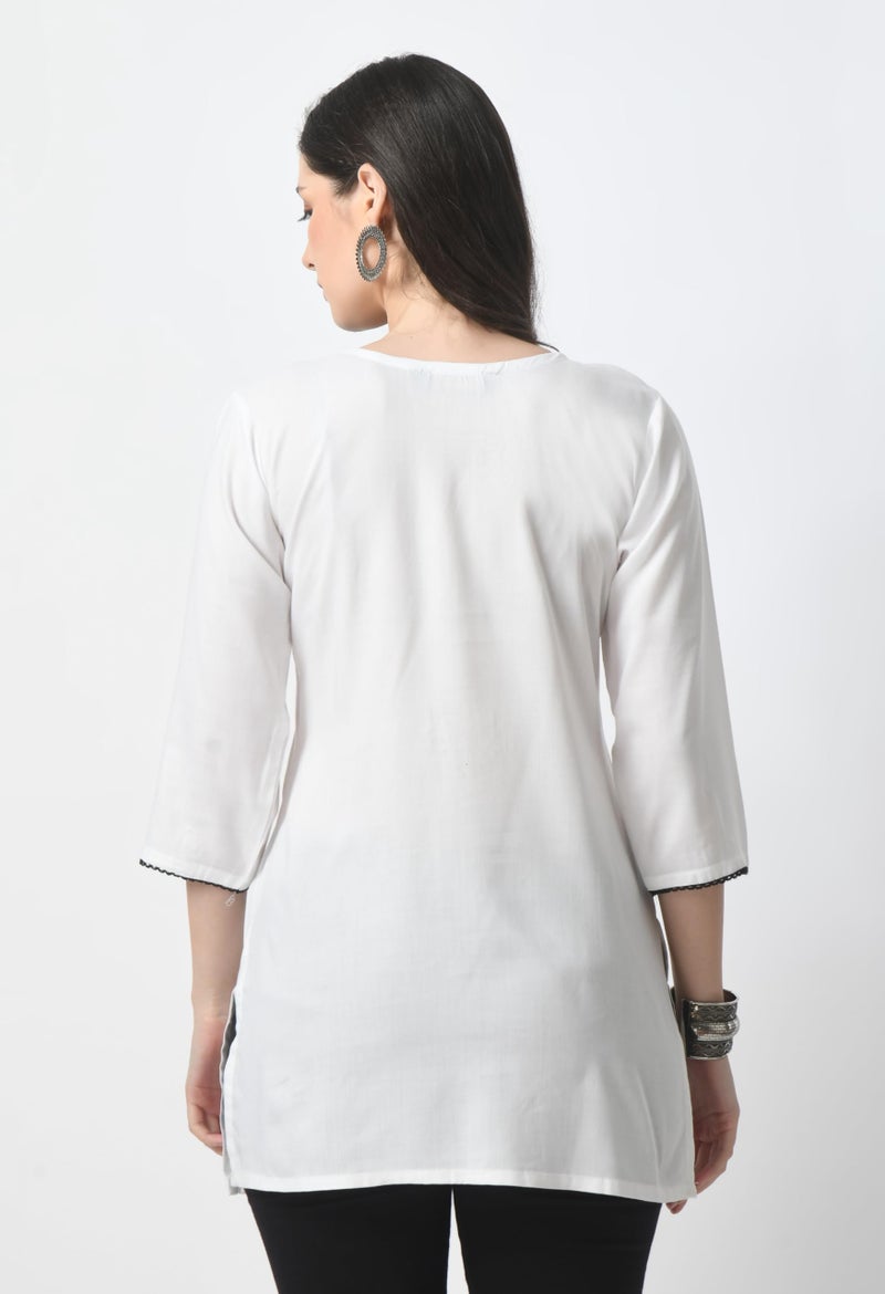 LIBOZA Store LIBOZA Rayon Kurti for Women - Short Chikankari Kurtis for Girls, Lakhnawi Tunic Top Kurta Design for Ladies, Woman Ethnic Kurthis & Shirt with Sleeve (XL, White) - Image 3