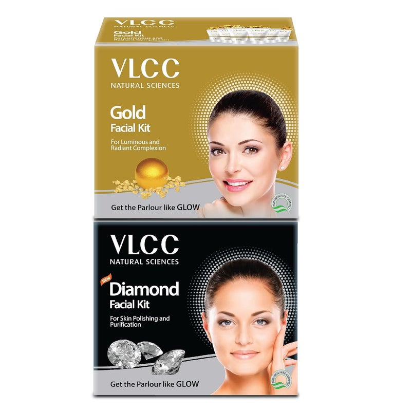 VLCC VLCC Gold Facial Kit VLCC Diamond Facial Kit 60g Each Pack of 2 Pamper your Skin for a Luminous Glow Skin purifying with Parlour Glow With Gold Bhasma Colloidal Diamond Aloe Vera 