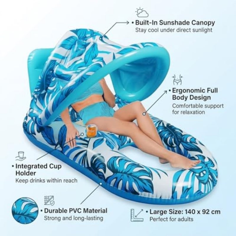 Inflatable Pool Lounger with Sunshade and Cup Holder Large Floating Pool Chair for Adults and,Tropical Inflatable Pool Float Raft for Swimming Pool, Beach and Summer Water Party Blue - Image 3