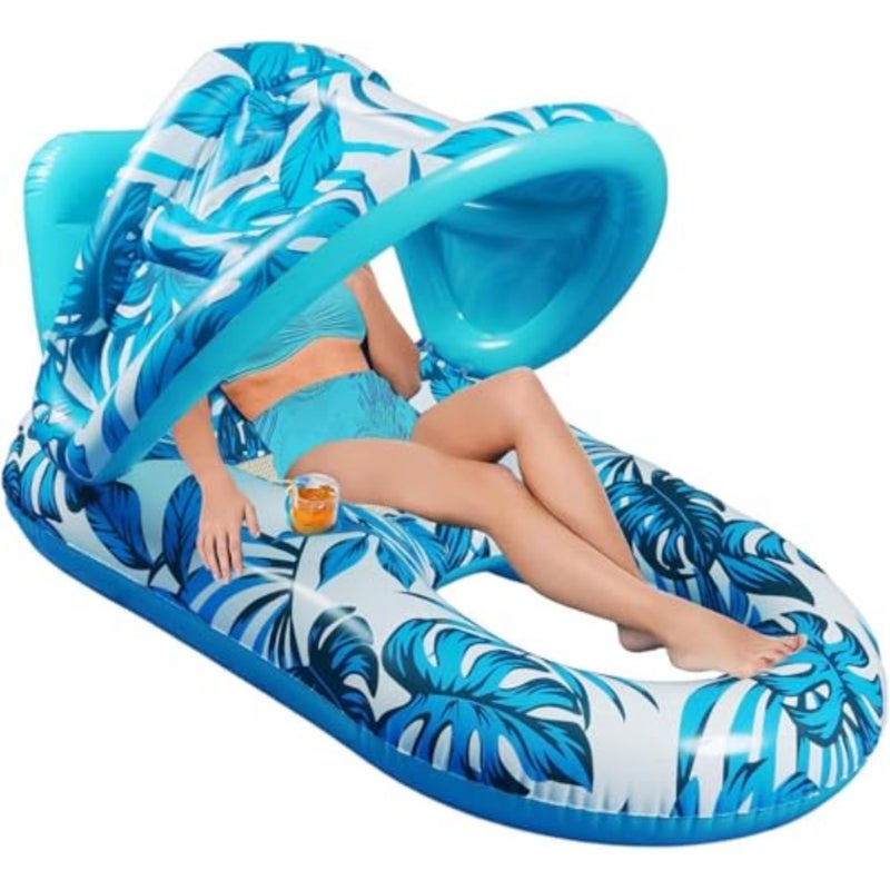 Inflatable Pool Lounger with Sunshade and Cup Holder Large Floating Pool Chair for Adults and,Tropical Inflatable Pool Float Raft for Swimming Pool, Beach and Summer Water Party Blue - Image 1