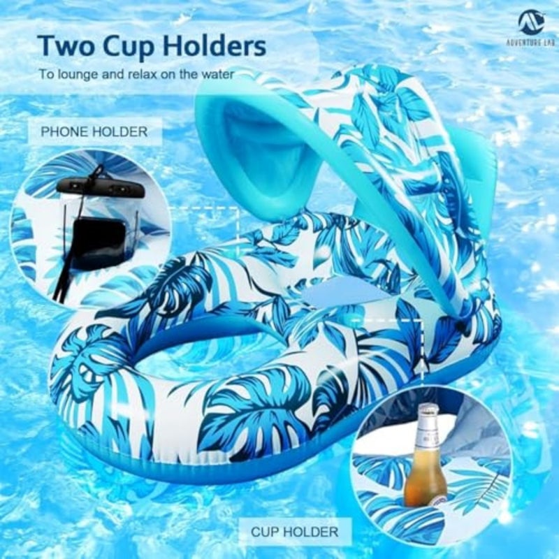 Inflatable Pool Lounger with Sunshade and Cup Holder Large Floating Pool Chair for Adults and,Tropical Inflatable Pool Float Raft for Swimming Pool, Beach and Summer Water Party Blue - Image 4