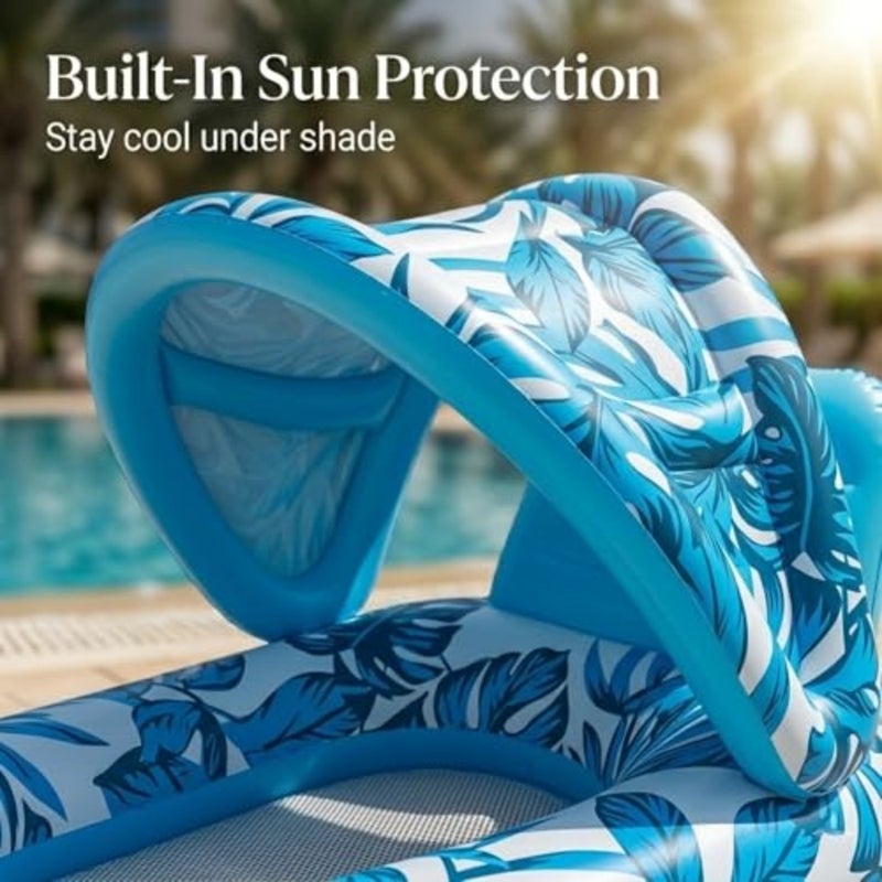 Inflatable Pool Lounger with Sunshade and Cup Holder Large Floating Pool Chair for Adults and,Tropical Inflatable Pool Float Raft for Swimming Pool, Beach and Summer Water Party Blue - Image 2