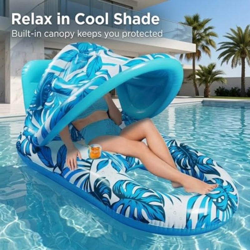 Inflatable Pool Lounger with Sunshade and Cup Holder Large Floating Pool Chair for Adults and,Tropical Inflatable Pool Float Raft for Swimming Pool, Beach and Summer Water Party Blue - Image 5