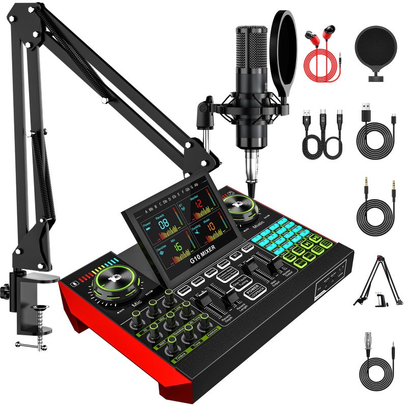 neculogy Podcast Equipment Bundle with 3.5mm P15 Condenser Microphone for Pc/Phone Live Streaming Singing Gaming, Podcast Microphone Bundle with Live Sound Board Audio Mixer,Voice Changer, Denoise,DJ Sets - Image 1