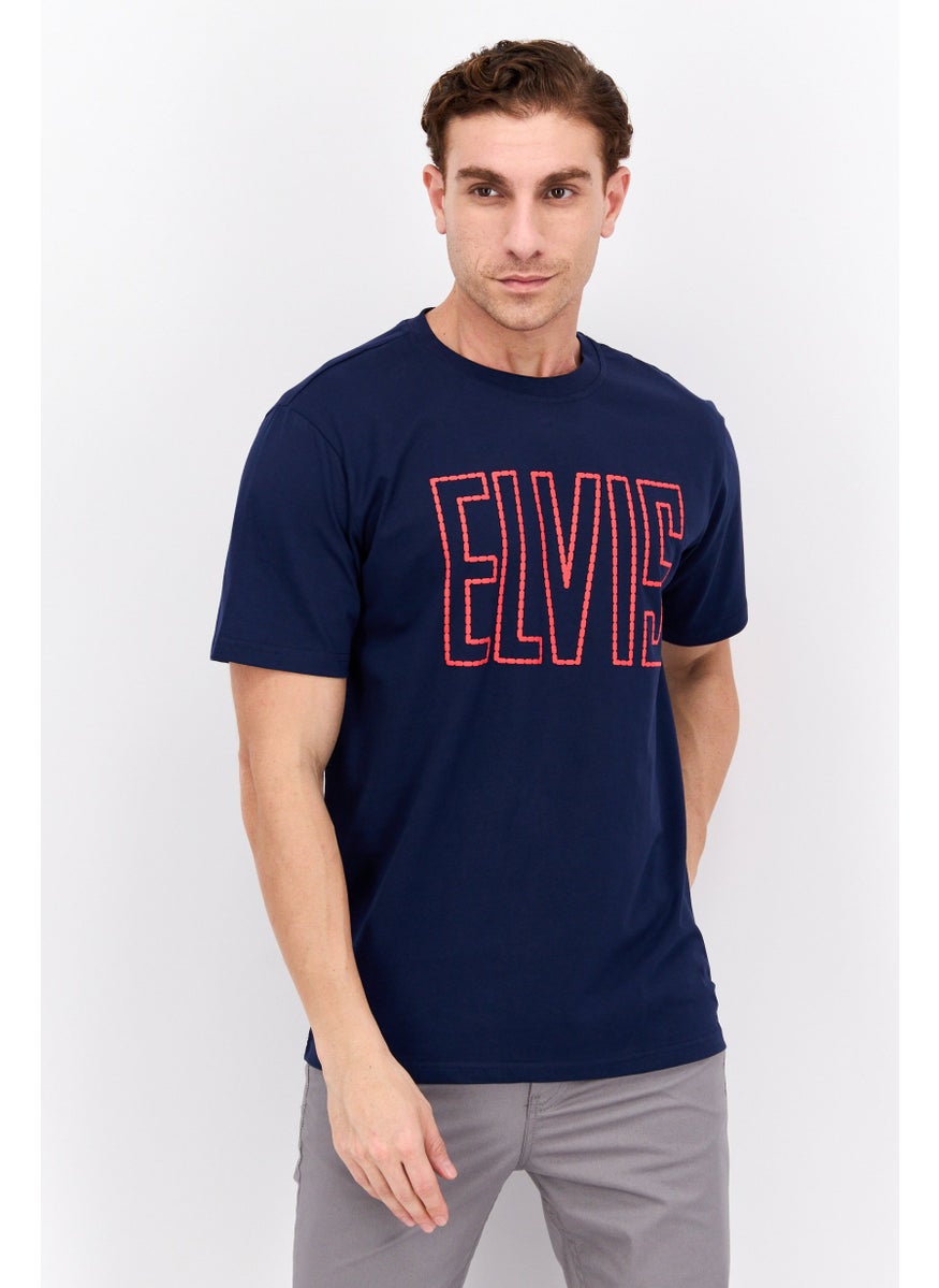 ELVIS Men Crew Neck Short Sleeves Brand Logo T-Shirt, Navy Blue  - Image 1