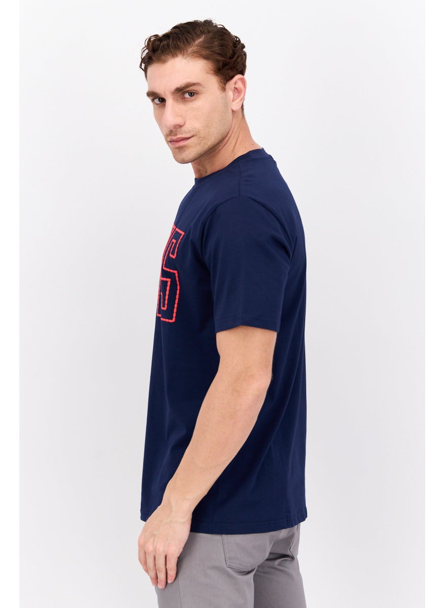 ELVIS Men Crew Neck Short Sleeves Brand Logo T-Shirt, Navy Blue  - Image 2