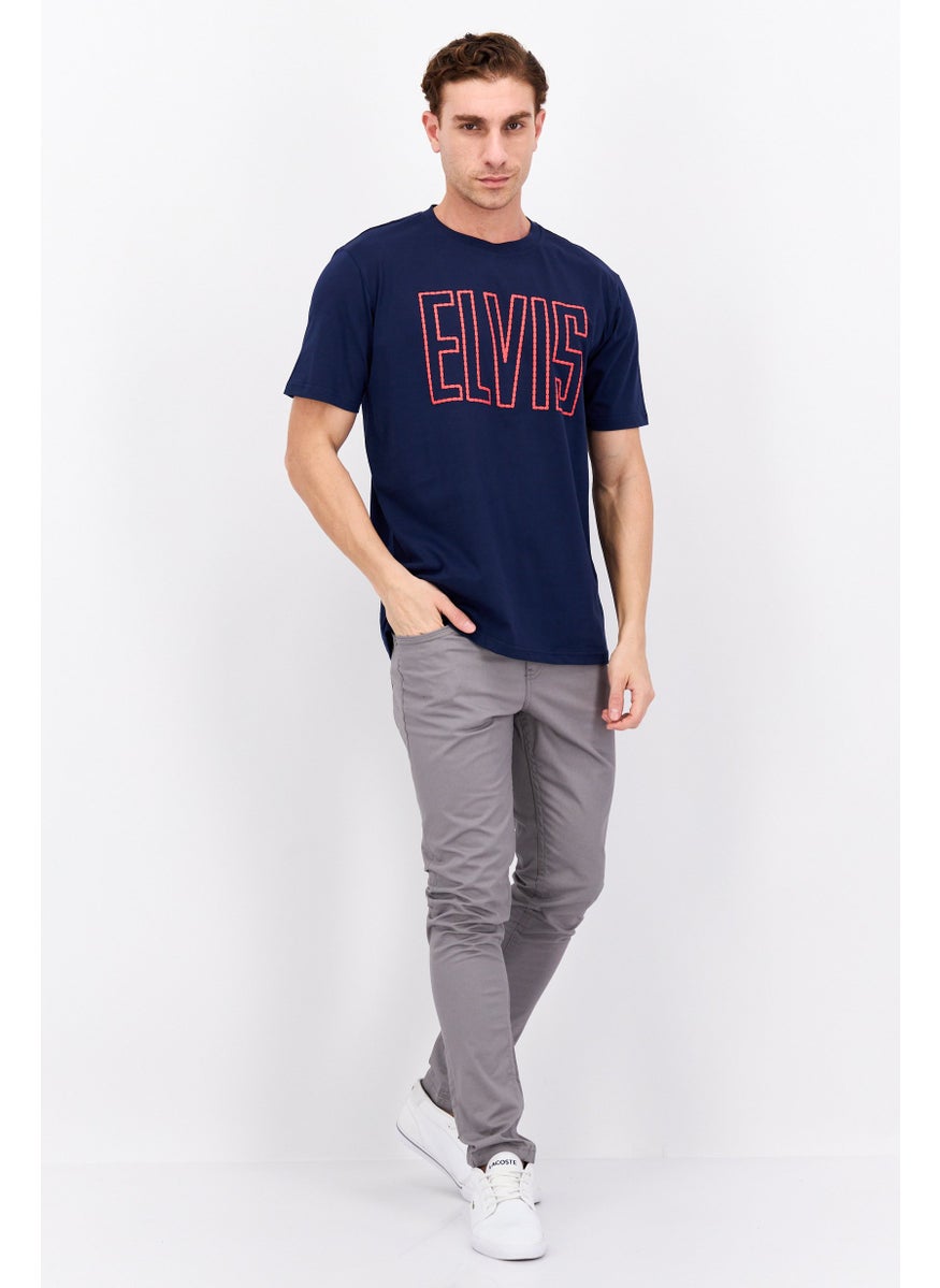 ELVIS Men Crew Neck Short Sleeves Brand Logo T-Shirt, Navy Blue  - Image 4