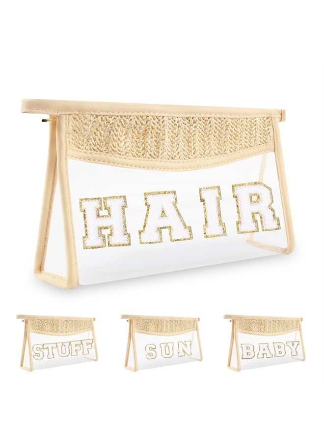 Iqimott Clear Patch Makeup Letter Bag, Boho Preppy Chenille Letter Cosmetic Bag, Waterproof Zipper Make up Bag Toiletry Pouch for Women Girls, Clear Letter Transparent Organizer Pouch for Travel(Hair, Beige) - Image 1