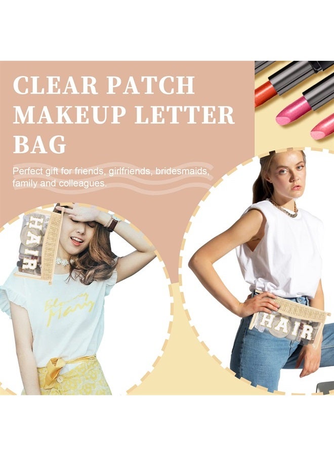 Iqimott Clear Patch Makeup Letter Bag, Boho Preppy Chenille Letter Cosmetic Bag, Waterproof Zipper Make up Bag Toiletry Pouch for Women Girls, Clear Letter Transparent Organizer Pouch for Travel(Hair, Beige) - Image 5