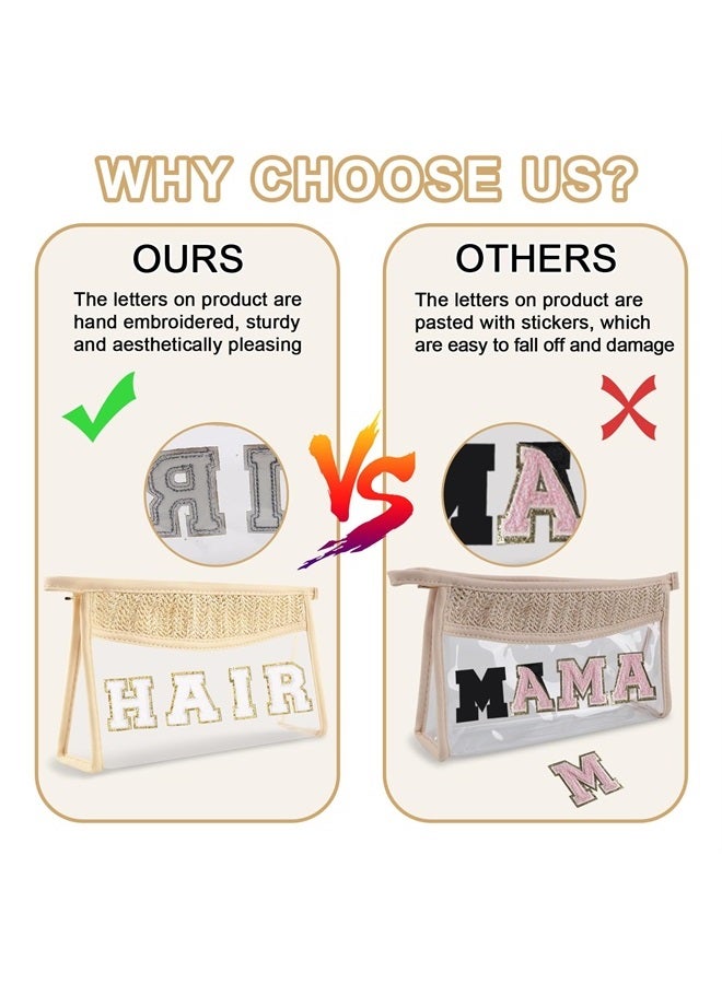 Iqimott Clear Patch Makeup Letter Bag, Boho Preppy Chenille Letter Cosmetic Bag, Waterproof Zipper Make up Bag Toiletry Pouch for Women Girls, Clear Letter Transparent Organizer Pouch for Travel(Hair, Beige) - Image 4