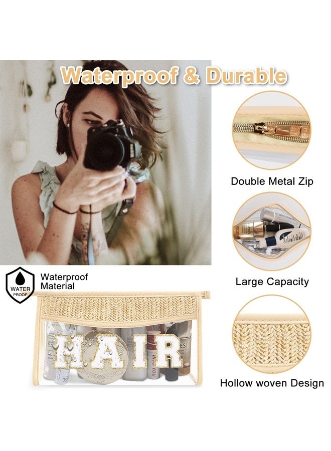 Iqimott Clear Patch Makeup Letter Bag, Boho Preppy Chenille Letter Cosmetic Bag, Waterproof Zipper Make up Bag Toiletry Pouch for Women Girls, Clear Letter Transparent Organizer Pouch for Travel(Hair, Beige) - Image 3