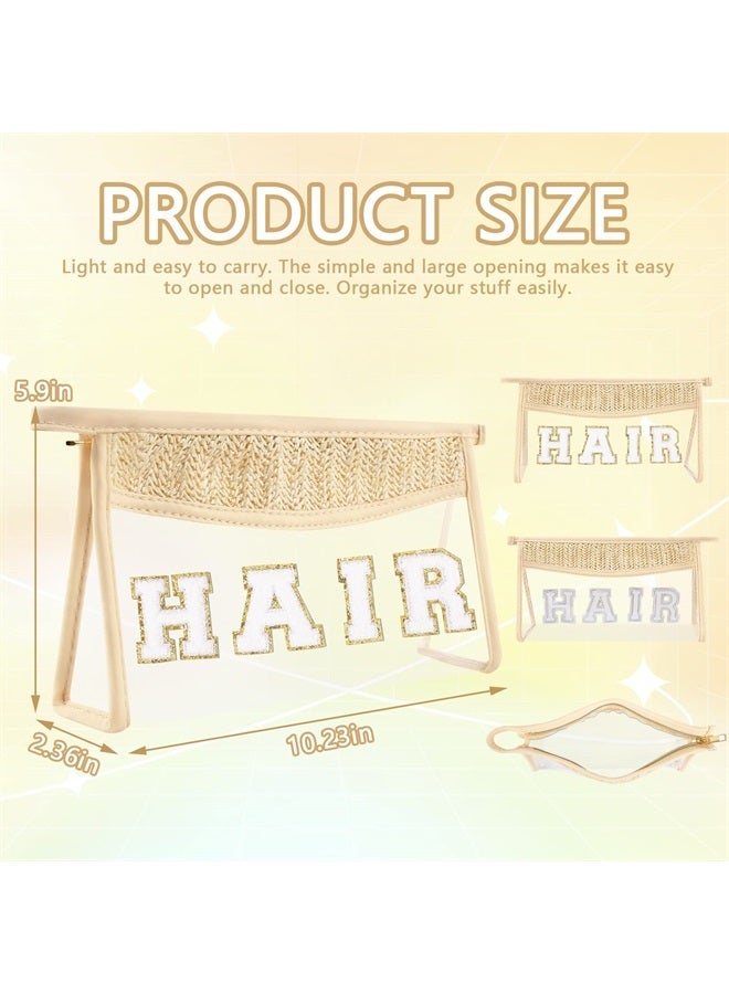 Iqimott Clear Patch Makeup Letter Bag, Boho Preppy Chenille Letter Cosmetic Bag, Waterproof Zipper Make up Bag Toiletry Pouch for Women Girls, Clear Letter Transparent Organizer Pouch for Travel(Hair, Beige) - Image 2