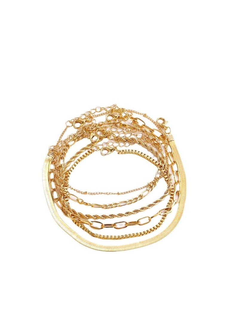 Huitich Elegant 6-Piece Gold Colour Layered Anklet Set – Stylish Alloy Chain Anklets for Women  - Image 1