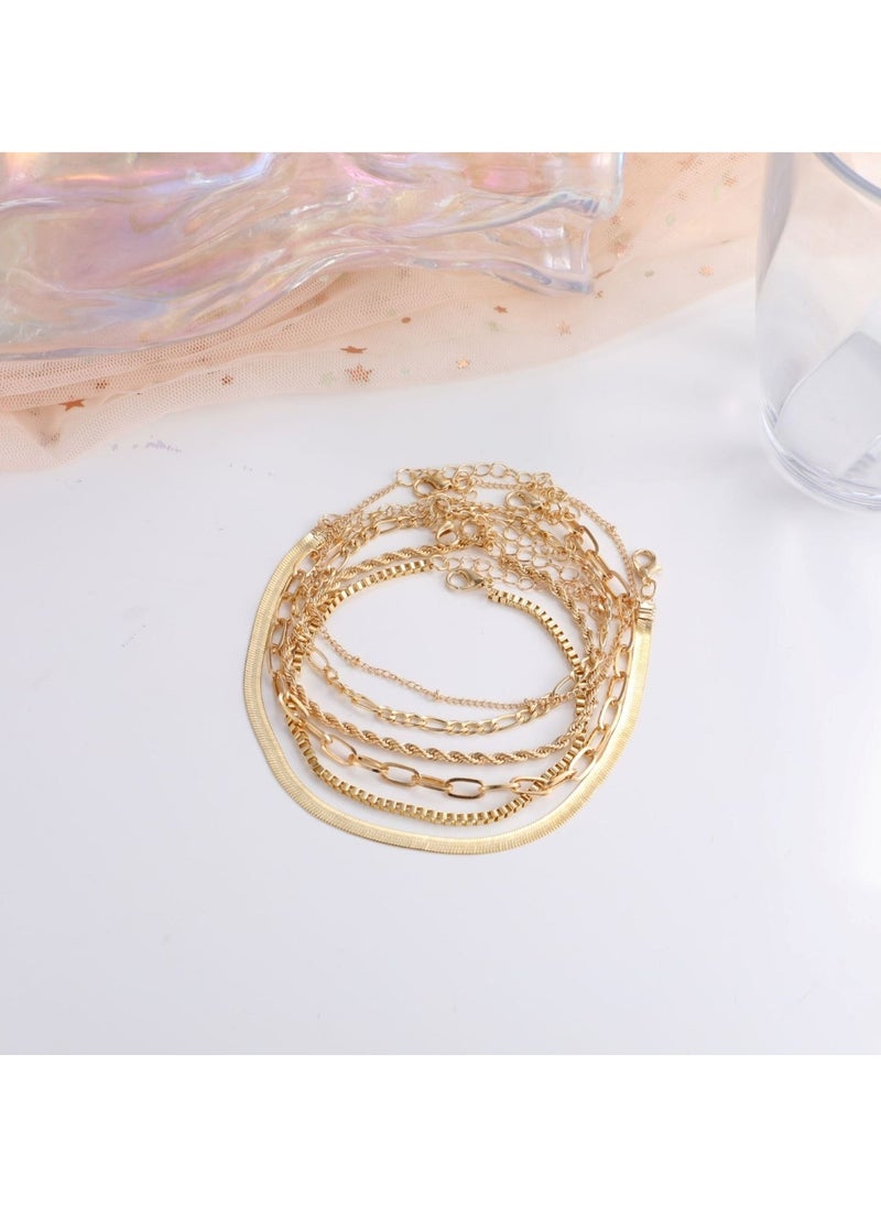 Huitich Elegant 6-Piece Gold Colour Layered Anklet Set – Stylish Alloy Chain Anklets for Women  - Image 2