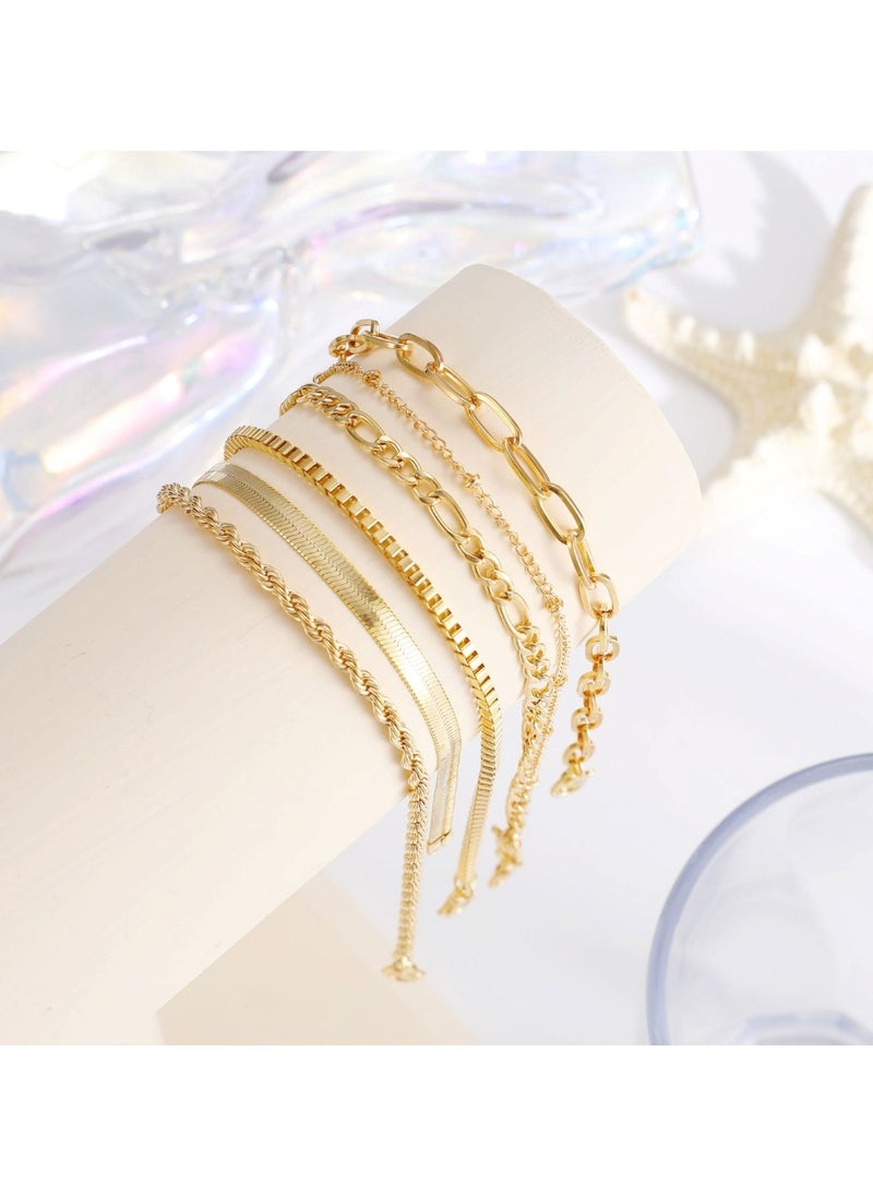 Huitich Elegant 6-Piece Gold Colour Layered Anklet Set – Stylish Alloy Chain Anklets for Women  - Image 5