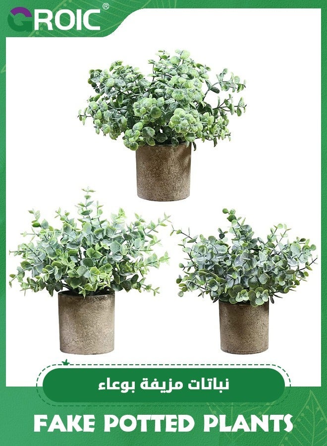 GROIC fake potted plants -3 packs artificial plants, ceramic Desk Table Decorations,Indoor Artificial Potted,Plastic Eucalyptus Plants,Fake Topiary Shrubs Greenery for Room Decor - Image 1