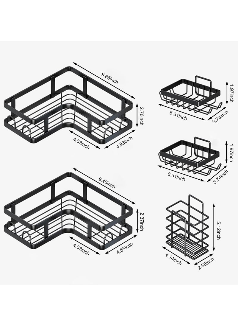 Corner Shower Caddy 5 Pack, Adhesive Shower Organizer, Shower Rack with 16 Hooks, Large Capacity, Rustproof Stainless Steel Shower Shelf for Inside Shower & Bathroom Storage&Home Decor, Black - Image 2