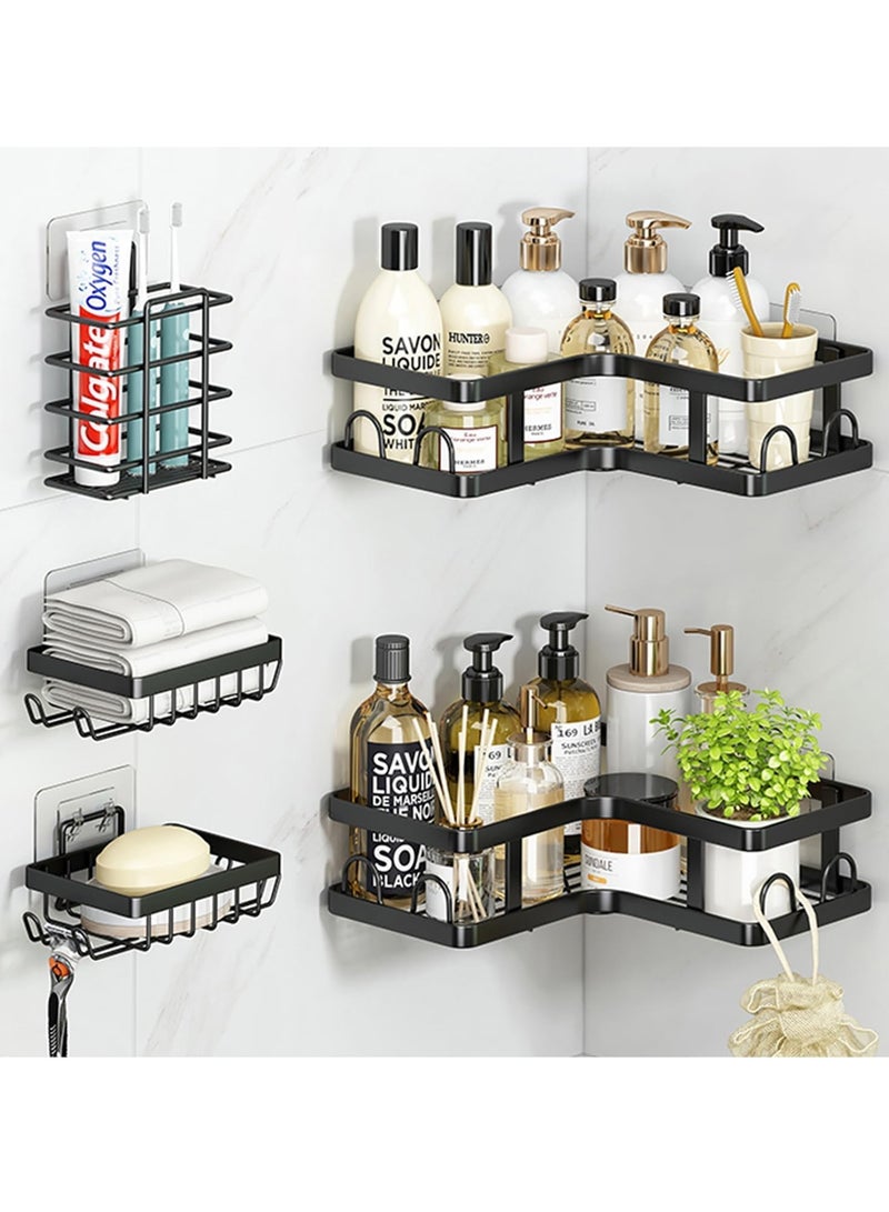 Corner Shower Caddy 5 Pack, Adhesive Shower Organizer, Shower Rack with 16 Hooks, Large Capacity, Rustproof Stainless Steel Shower Shelf for Inside Shower & Bathroom Storage&Home Decor, Black - Image 1