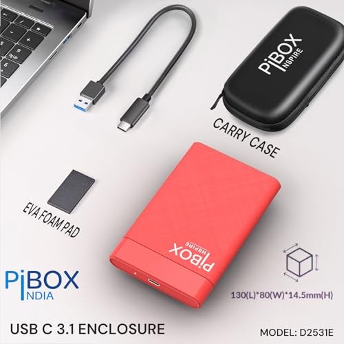 pibox India 2.5 inch Hard Drive Enclosure Type c, PiBOX India 6Gbps USB 3.1 to SATA III Tool-Free External Hard Drive Case Enclosure for 7mm/9.5mm 2.5" SSD Laptop HDD with UASP for Samsung WD, Xbox PC TV - RED - Image 3