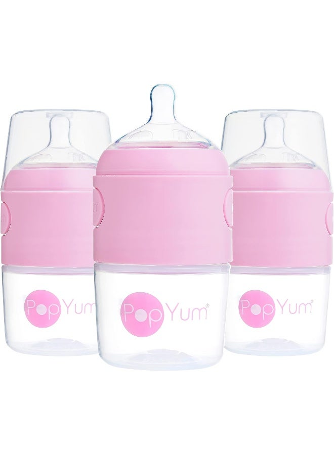 PopYum زجاجات الأطفال PopYum 5 أونص وردية مضادة للمغص، 3 عبوات مع تدفق بطيء #1، 150 مل، خالية من BPA، قفل طبيعي - Image 1
