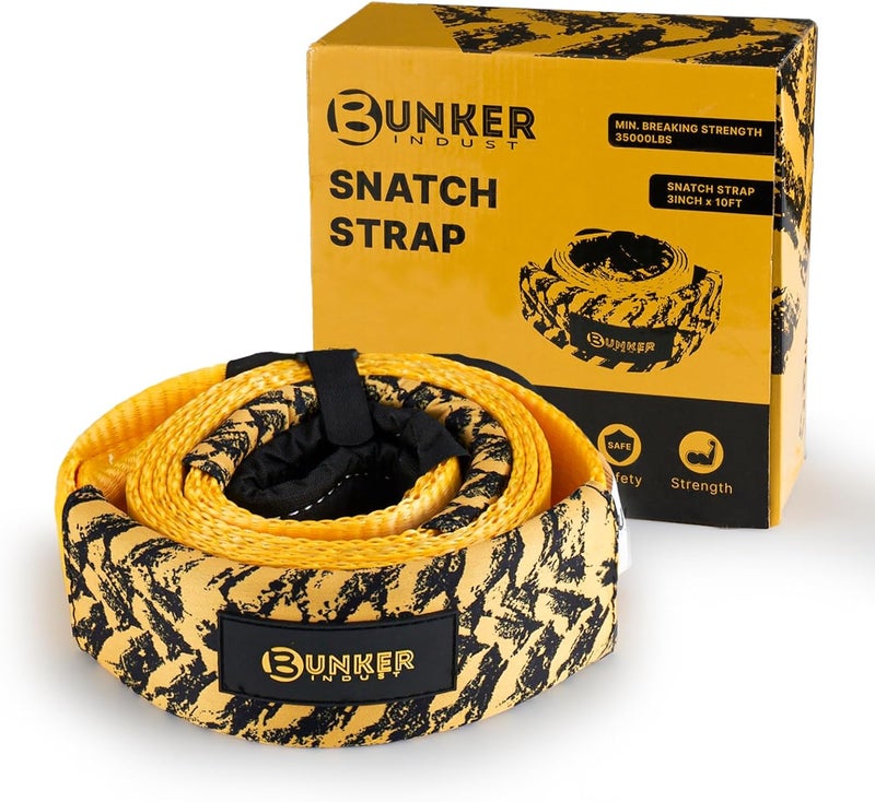 BUNKER INDUST مجموعة إنقاذ BUNKER INDUST لحبل الجر الثقيل مع حقيبة، حزام ونش لحماية الأشجار مقاس 3 بوصة × 10 قدم، أحزمة إنقاذ بقوة 35,000 رطل - حبل جر مركبات الطرق الوعرة للطوارئ - Image 1