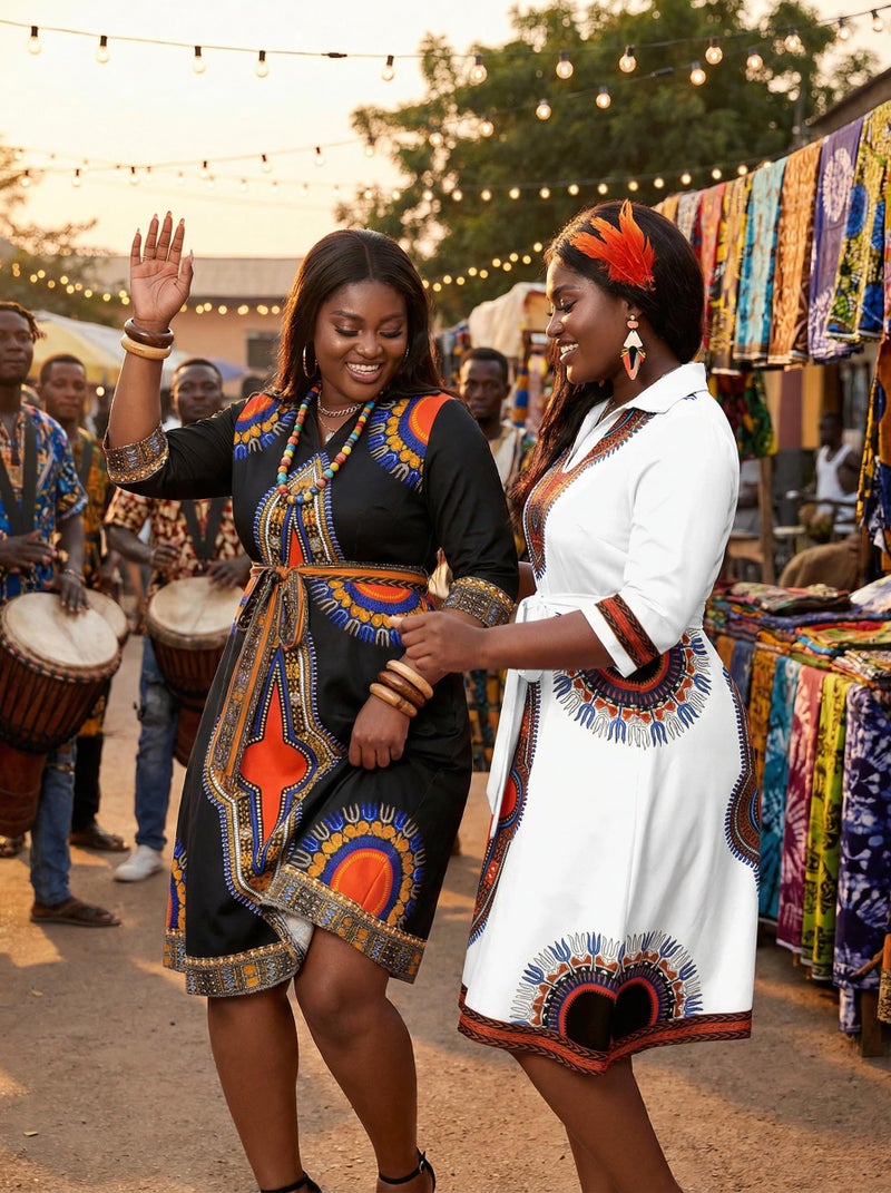FANDEE African Midi Dress for Women V Neck for Wedding Guest Cocktail Party African Print 2XL - Image 5