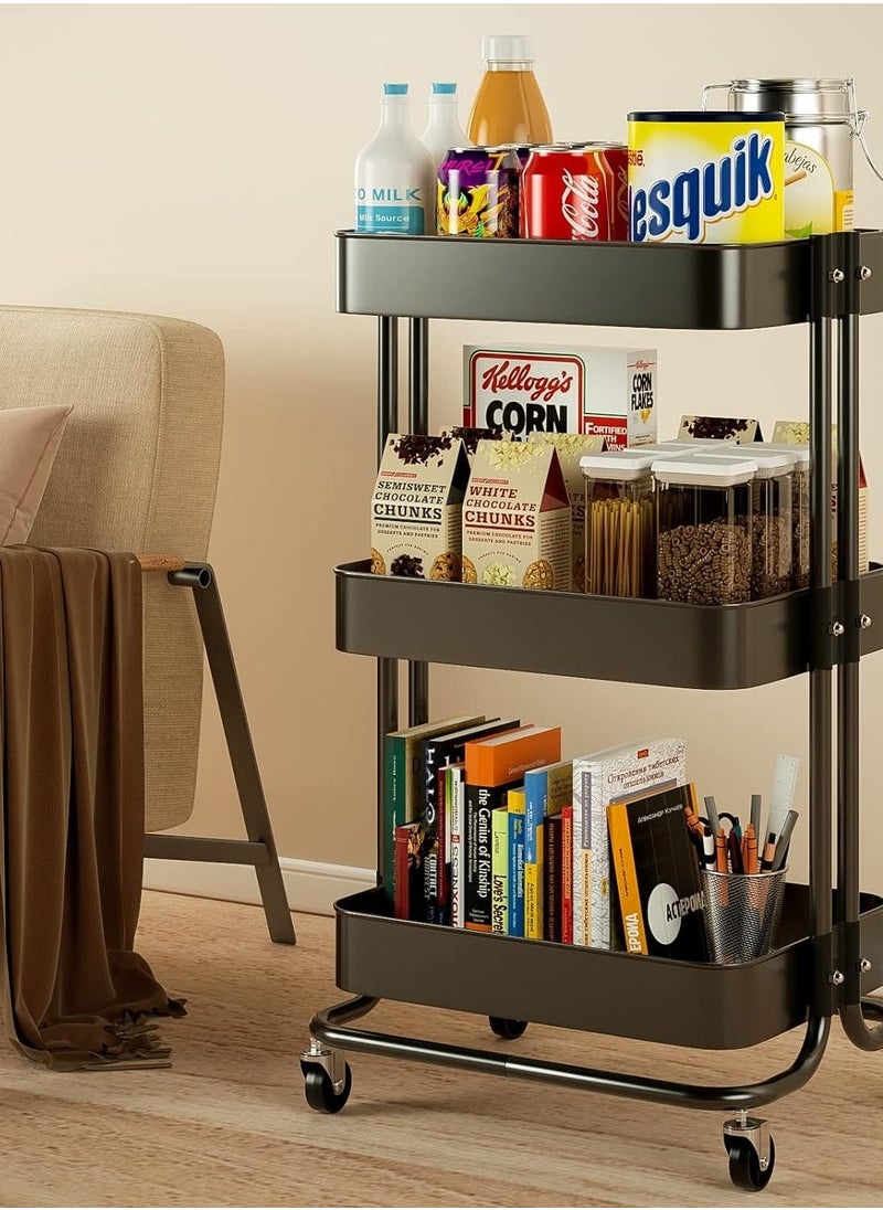 Beauenty Tier Mesh Utility Cart, Rolling Metal Organization Cart with Handle and Lockable Wheels, Multifunctional Storage Shelves for Kitchen Living Room Office Black 85x45x35centimeter  - Image 1