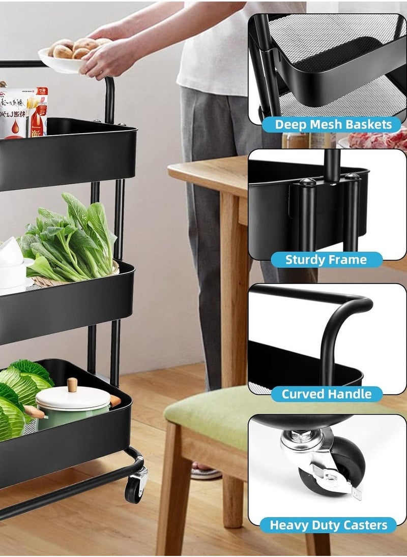 Beauenty Tier Mesh Utility Cart, Rolling Metal Organization Cart with Handle and Lockable Wheels, Multifunctional Storage Shelves for Kitchen Living Room Office Black 85x45x35centimeter  - Image 2