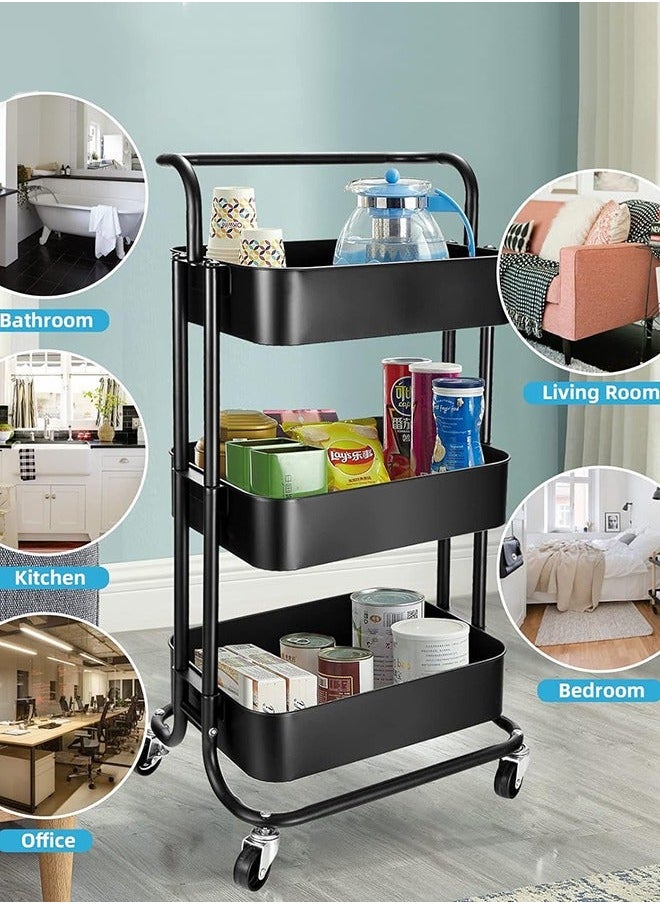 Beauenty Tier Mesh Utility Cart, Rolling Metal Organization Cart with Handle and Lockable Wheels, Multifunctional Storage Shelves for Kitchen Living Room Office Black 85x45x35centimeter  - Image 3
