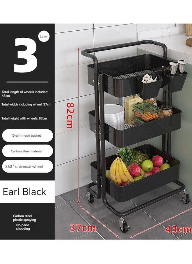 Beauenty Tier Mesh Utility Cart, Rolling Metal Organization Cart with Handle and Lockable Wheels, Multifunctional Storage Shelves for Kitchen Living Room Office Black 85x45x35centimeter  - Image 4