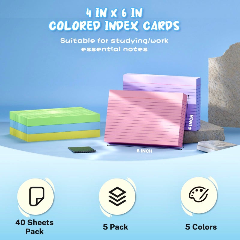 Aidunmis Colored Index Cards 4x6 Inch, 200 Count Note Cards 4x6, 5 Colors Flash Cards for Studying, 40 Sheets Per Color Lined Index Cards Ruled, Colored Notecards 4 x 6 for Office, School, and Home - Image 2