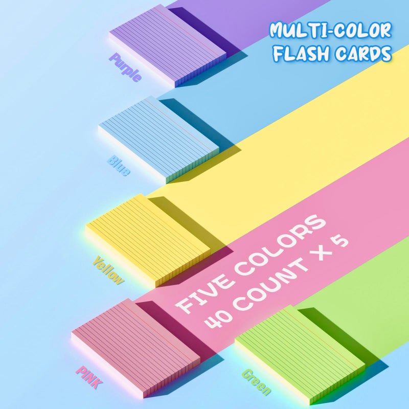 Aidunmis Colored Index Cards 4x6 Inch, 200 Count Note Cards 4x6, 5 Colors Flash Cards for Studying, 40 Sheets Per Color Lined Index Cards Ruled, Colored Notecards 4 x 6 for Office, School, and Home - Image 3