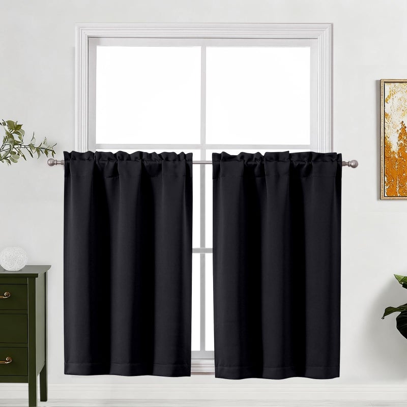 Lecloud Black Kitchen Curtains 36 Inch Length 2 Pcs, Modern Farmhouse Decor Privacy Blackout Curtain, Thermal Short Window Drapes Rod Pockets for Bedroom Cafe Basement, Each Panel 30" W x 36" L - Image 1