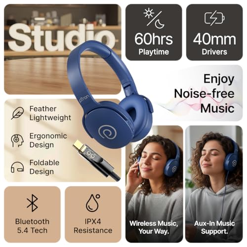 pTron Studio w/ 60Hrs Playtime, Wireless Over-Ear Headphones with HD Mic, Dual-Device Pairing, Immersive Sound, 40mm Drivers, BT5.4, 3.5mm Aux Port, TF Card Slot & Type-C Fast Charging (Blue) - Image 2