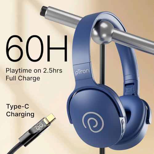 pTron Studio w/ 60Hrs Playtime, Wireless Over-Ear Headphones with HD Mic, Dual-Device Pairing, Immersive Sound, 40mm Drivers, BT5.4, 3.5mm Aux Port, TF Card Slot & Type-C Fast Charging (Blue) - Image 3