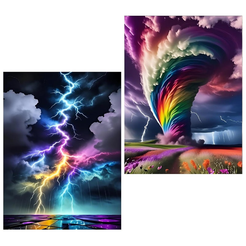 Clendo 2 Pack Lightning Aurora Diamond Art Kits for Adults, Diamond Painting Kits for Adults Beginner, 5D DIY Full Round Drill Diamond Dots Gem Art for Home Wall Decor 12x16inch - Image 1