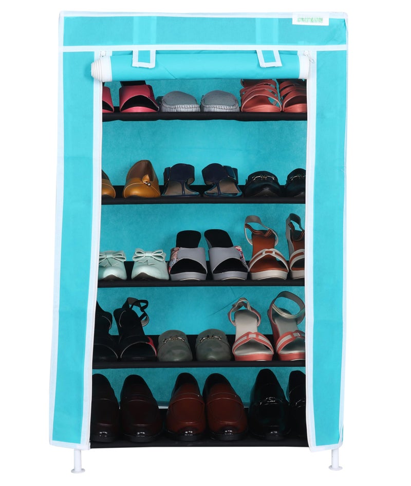 FLIPZON Iron Pipes,Plastic,Non-Wooven Multipurpose 5 Shelves Shoe Rack With Zip Door Cover&Side Pockets,Multiuse Storage Rack For Footwear,Toys,Clothes With Dustproof Cover(5 Shelf,Green),58X28X91 Cm - Image 1