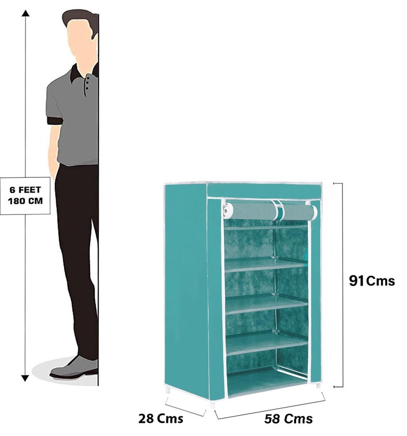 FLIPZON Iron Pipes,Plastic,Non-Wooven Multipurpose 5 Shelves Shoe Rack With Zip Door Cover&Side Pockets,Multiuse Storage Rack For Footwear,Toys,Clothes With Dustproof Cover(5 Shelf,Green),58X28X91 Cm - Image 2