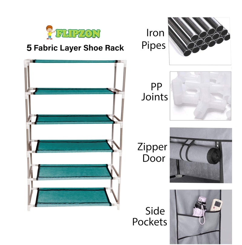 FLIPZON Iron Pipes,Plastic,Non-Wooven Multipurpose 5 Shelves Shoe Rack With Zip Door Cover&Side Pockets,Multiuse Storage Rack For Footwear,Toys,Clothes With Dustproof Cover(5 Shelf,Green),58X28X91 Cm - Image 3