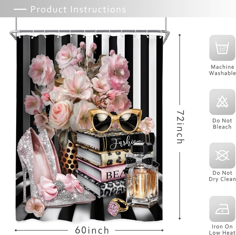 Riyidecor Black and Pink Fashion Shower Curtain 60Wx72H Inch Floral Book Striped Perfume High Heels Magazine Glasses Leopard Girl Women Modern Bathroom Decor Fabric Polyester Waterproof 12 Pack Hooks - Image 5