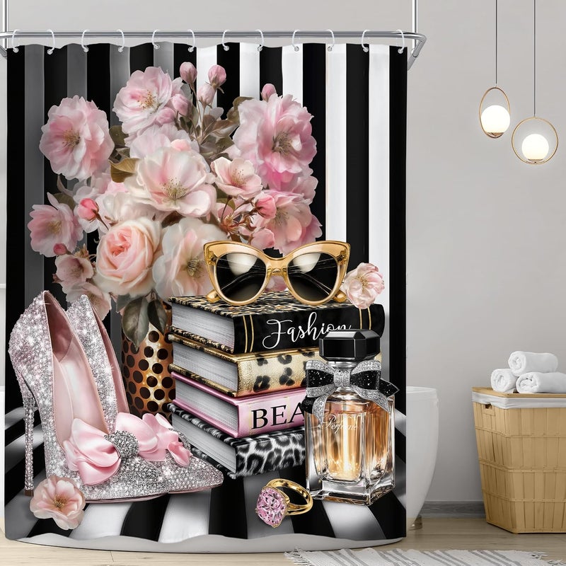 Riyidecor Black and Pink Fashion Shower Curtain 60Wx72H Inch Floral Book Striped Perfume High Heels Magazine Glasses Leopard Girl Women Modern Bathroom Decor Fabric Polyester Waterproof 12 Pack Hooks - Image 2